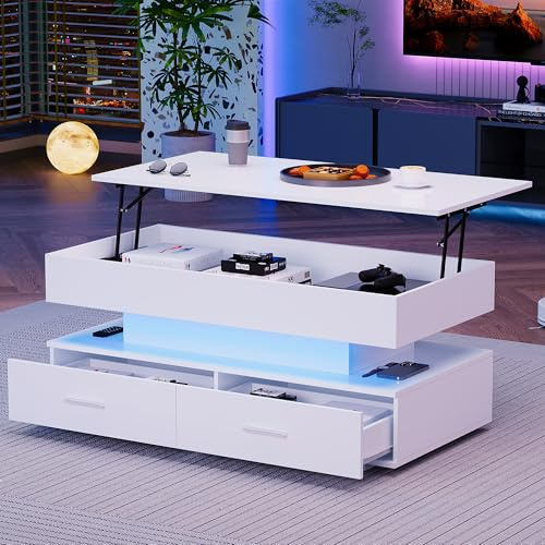 Merax LED Lift up Coffee Table, Modern Side Table with Storage, Stylish Tables for Living Room with Large Hidden Storage and 2 Drawers, Hydraulic Lift Top Coffee Table, White, 100x50x44cm