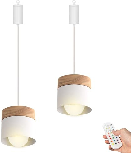 FSLiving Dimmbare Hängelampe mit Batterie Innen,2er-Satz Modern Metall Hängeleuchte Batteriebetriebene Lampe, Pendelleuchte ohne Strom Stromanschluss für Küche Nachttischcafé,Weiß