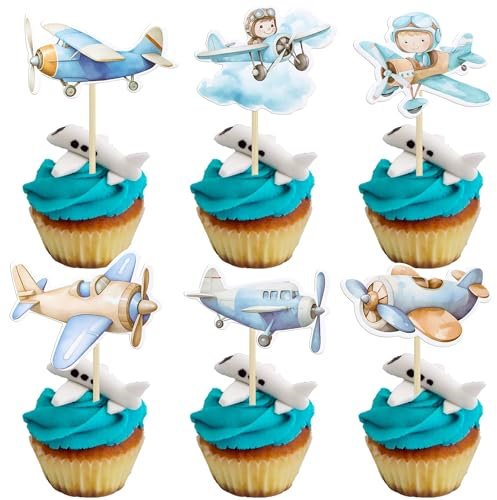 Gyufise 36Pcs Airplane Cupcake Toppers Pilot Aviation Plane Cupcake Picks Airplane Plane Cupcake Decoration for Plane Theme Baby Shower Kids Boys Birthday Party Cake Decorations Supplies Blue