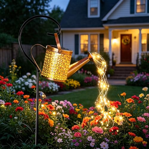 Luces solares para regadera, adorno de jardín al aire libre con cadena de luces LED, IP65 impermeable, farol decorativo para patio, camino, regalo de jardín para mamá o abuela
