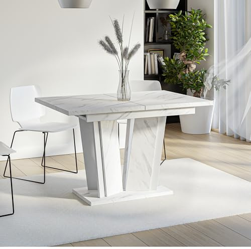 PROROOM FURNITURE DORA2 Ausziehbarer Esstisch 120-160x80 cm Moderner Rechteckiger Küchentisch Glamour Stil Weiße Marmoroptik