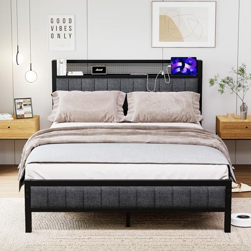 ARFARLY Bett 140x200 mit Metal Lattenrost,Bettgestell140x200 mit Kopfteil & Ladestation(2 AC-Steckdosen& 1 USB-Anschlüsse) Metallbett 140x200, Jugendbett, Doppelbett
