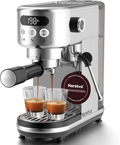 Neretva Cafetera Espresso 20 Bares, Maquina de Cafea Supercompacta de Acero Inoxidable Profesional con Pantalla LED y Vaporizador de Leche para Barista en Casa – Espresso Machiato, Latte y Cappuccino