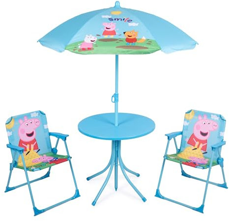 Relsy George & Peppa Pig Patio Set Kid's Garden Furniture, 4-Piece Kids Blue Patio Set With Table, 2x Chairs, Adjustable Parasol, Official Peppa Pig Bistro