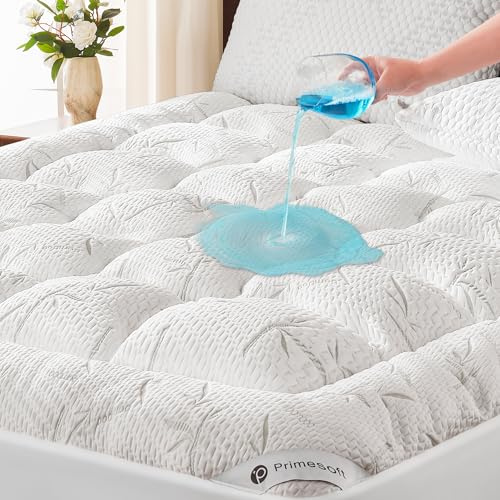 PRIMESOFT 100% Waterproof King Size Mattress Topper, Thick Pillow Top Mattress Pad，Up to 21 Inch Deep Pocket,Soft Breathable Mattress Pad for Back Pain, Protector Cover(White)