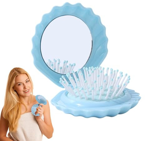 Flap Travel Insel - Shell Shape Pocket Size - Small Make Up Mirror Set, Scalp Massage Comb for the Care of Women Daily Home Car Bathroom Shower Pool by the Pool Fitness Camping and in