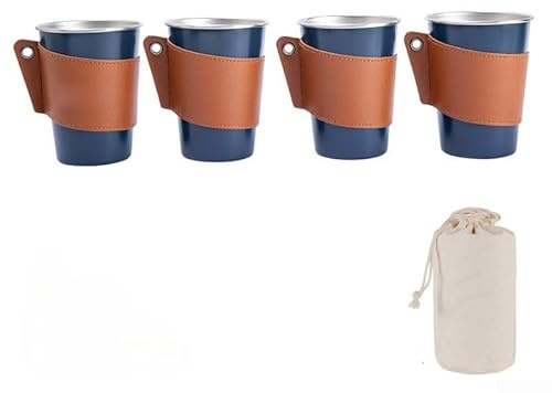 Eawfgtuw Lot de 4 tasses de camping en acier inoxydable 304 avec porte-gobelet en cuir, 350 ml, empilables pour randonnée, randonnée