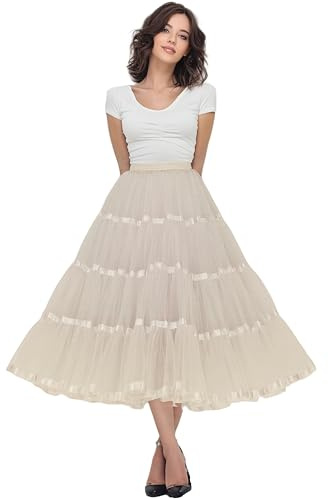 Shimaly Women's 4 Tiers Plus Puffy Petticoat 31 Midi Underskirt tea length Crinoline Tulle Petticoat Half Slip (S-M, Ivory)