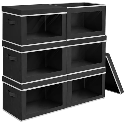 Homsorout 6 Pack Foldable Storage Boxes with Lids - Large Wardrobe Organiser Cube with Clear Window Airy Home Basket Fabric Containers for Clothes, Book, Shelf, Office, Black