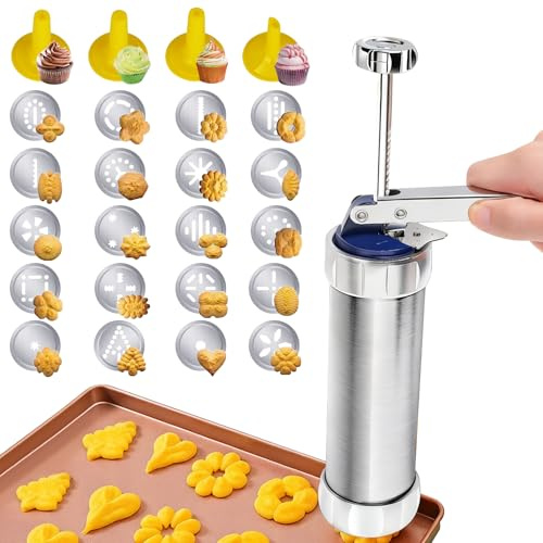 PANKQQ Enhanced Cookie Press Set, Food-Grade Spritz Cookie Press Gun Kit with 20 Discs & 4 Tips, Stainless Steel Baking Tool for Christmas Cookies Making, Cake Decoration & Holiday Gatherings
