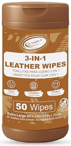 Air Jungles 3in1 Leather Wipes 50 Count, Extra Large 8 x 10 Size, Clean Condition Protect Wipes for Leather Car Seat, Furniture Couch, Shoes Boots Bags Purse Apparel