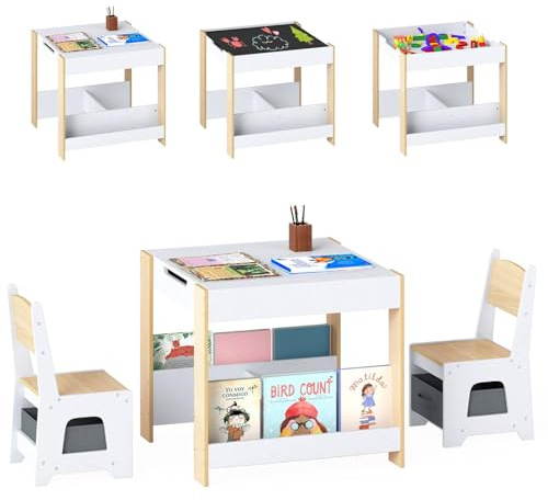 GYMAX Kids Table and Chairs Set, 4 in 1 Children Activity Desk with 2 Chairs, Reversible Tabletop, Bookshelves and Storage Bins, Wooden Toddler Table Set for Boys Girls (White+Natural, 61x61x56cm)