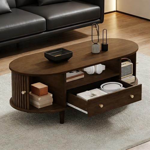 SUKY Mesa de centro de salón color nogal. Mesa de café con cajones y espacio de almacenamiento abierto, mesa de sofá con puerta enrollable, mesa auxiliar, mesa de salón con 4 patas de apoyo, 100 x 50