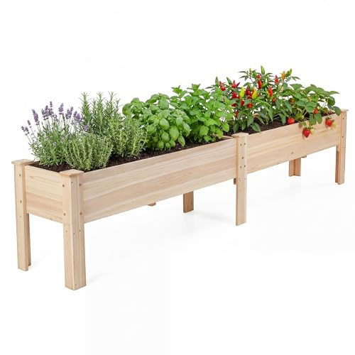 GOPLUS Jardinera Elevada Rectangular, Cama de Jardín de Madera con Patas Elevadas, Orificios de Drenaje, Huerto Urbano Exterior para Verduras, Flores, 240 x 43,5 x 51,5 cm, Natural