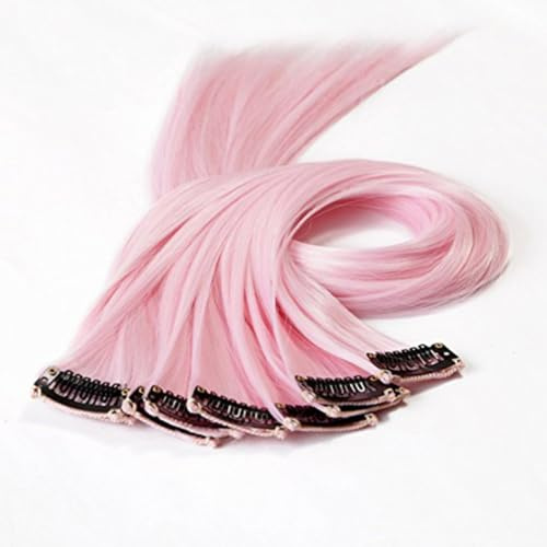Pink Synthetic Hair Clip in Extensions 10pcs Pack Fashionable | Colored Highlight Strands, Straight Extra Long Profile, Portable Wear Shorn Restyle and Perm Options