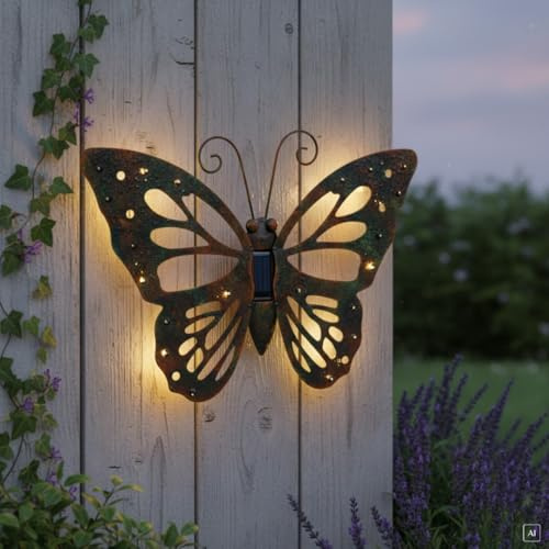 abc HOME | Solar Wanddeko Schmetterling Metall – 42 cm Groß – LED Gartenfigur für Außen mit Lichtsensor – Leuchtende Wanddekoration Schmetterling wetterfest