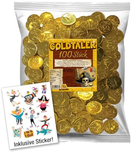 Schoko Goldtaler / Euromünzen (100 Stück) ideal für Schatzsuchen, Kindergeburtstage oder als Mitgebsel inkl. Piratensticker | Für Kindergeburtstage oder als Mitgebsel inkl. Piratensticker, für Geschenkideen, Kaffeezeit und kleine Genussmomente