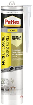 Pattex Sigillante Grigio Muri e Fessure, Acrilico, Verniciabile, per Facciate, Giunti, Fessure, Inodore, Uso Interno, Senza Solventi, Cartuccia da 280 ml