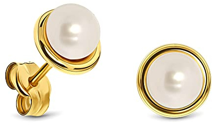 Miore Damen Ohrstecker 14 Karat – Dezente Perlen-Ohrringe aus 585 Gelbgold mit weißer Süßwasserzuchtperle – Perlenschmuck gold-weiß Ø 7 mm