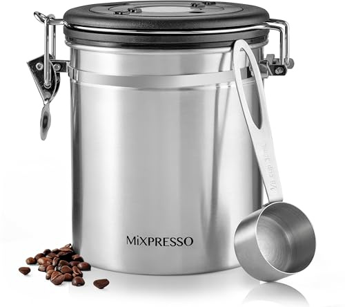 Mixpresso 16 Oz Stainless Steel Coffee Canister with Scoop – Airtight Coffee Container with CO2 Valve for Bean Storage, Date Tracker Lid