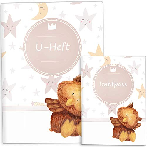 OLGS U-Heft und Impfpasshülle Set | Sleepy Mond und Sterne | Hüllen für Untersuchungsheft & Impfpass | Schutzhülle Babygeschenk zur Geburt des Kindes (Uheft, Impfpass Hüllen 2-teilig, Eule)