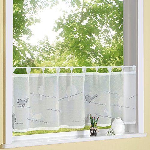 heimtexland ® Scheibengardine Natur Batist mit Schlaufen 45 x 140 cm gewebt mit süßen Vögeln in anthrazit Bistrogardine halbtransparent Modern Landhaus Gardine Vogel Typ568