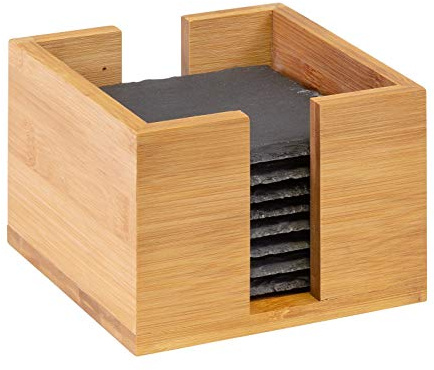 Westmark 8 Naturschiefer-Glasuntersetzer in Bambusbox, quadratisch, mit Kratzschutz, 10 x 10 cm, Schiefer/Bambus, Tapas + Friends, Anthrazit/Hellbraun, 69232260