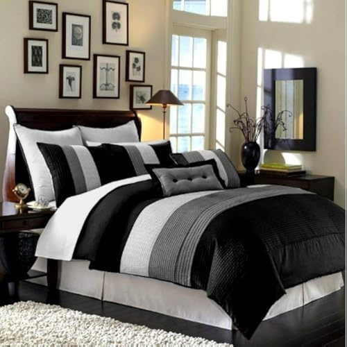 Chezmoi Collection Loft 6-Piece Luxury Striped Comforter Set (Twin, Black/Gray/White)