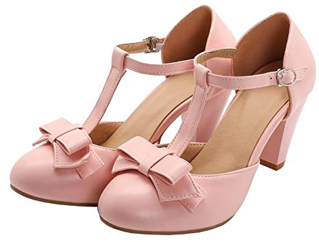 Elbslutt Women's Cute Retro Rockabilly Shoes T Strap Mary Janes Heels Chunky Cosplay Shoes Sweet Block Heeled Bow Pumps, Size 8, Pink