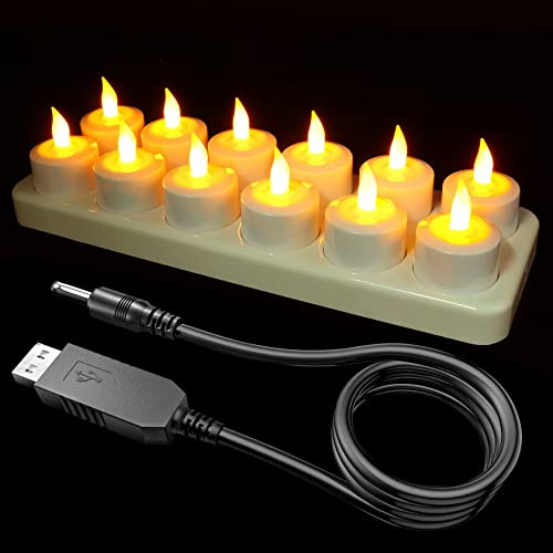 SoulBay 12pcs Rechargeable LED Tea Lights Candles with Charging Station | Flickering Flameless Battery Operated Candles with USB Cable for Home Room Party Halloween Christmas Decorations(No Remote)