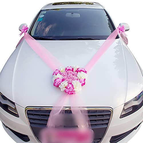 ISAKEN Autoschmuck Hochzeit, Hochzeitsschmuck Auto Wedding Deko Organza Braut Paar Rose Deko Auto Blumenschmuck Wedding Girlande für Auto Hochzeitsdeko Hochzeitsauto Deko, Rosa, 30 cm Durchmesser