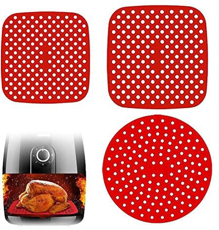 Air Fryer Pad Pack of 3 Non-Stick Steamer Mat Airfryer Baking Paper Mat Waterproof Air Fryer Silicone Mat Perforated Air Fryer Liner for Bamboo Steamer Oven Air Fryer Pressure Cooker Round Square