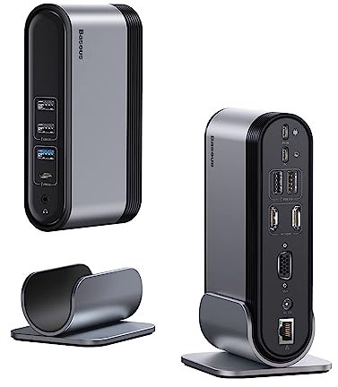 Baseus Docking Station Triple Display, Hub 4K 14 in 1 con 2* HDMI, VGA, 100W PD, 5* USB A, 1*USB C, Gigabit Ethernet, Audio 3.5mm, con supporto per Windows, Mac (14 in 1)