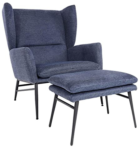 Mendler Lounge-Sessel mit Ottomane HWC-L62 Stoff/Textil - blau