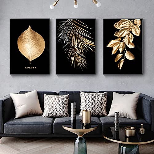 JLCZBT Bilder Schwarz Gold Leinwand Goldene Blätter Palmblatt Poster Ohne Rahmen Wandbilder Wohnzimmer Home Deko Bild (60×90cm)