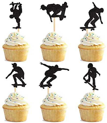 24-Pack Skateboard Cupcake Toppers Schwarz Glitter Skateboarding Cupcake Picks Sport Skaten Thema Bachelorette Geburtstag Party Kuchen Dekorationen Zubehör