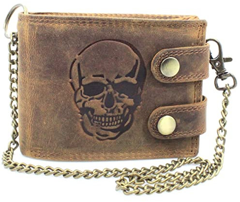 ayados Geldbörse Skull Motiv Herren Echt Leder Portemonnaie mit Hosenkette Geld-börse Portmonee Vintage Wallet Totenkopf (Skull Geldbörse mit Kette Braun :104(D/L))