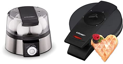 Cloer 6070 Elektronischer Eierkocher für bis zu 7 Eier, 435 W, Edelstahl & 1620 Waffeleisen für klassische Herzwaffeln, 930 W, Waffelgröße 15,5 cm, stufenlos wählbarer Bräunungsgrad, schwarz