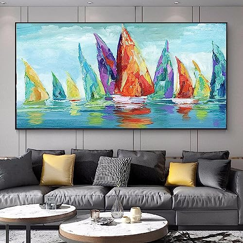 MHLCMG Paysage Marin Affiche Voiliers Colorés Abstraits Toile Tableau Art Peintures Decoration Murale pour Salon Chambre Tableau Decoration, sans Cadre (50X100CM)