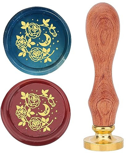 craspire Rosenwachs-Siegelstempel, 25 mm, Mondstern, Siegelwachsstempel, Retro-Palisandergriff, Abnehmbarer Messingkopf Für Hochzeitseinladungen, Umschläge, Halloween, Weihnachten, Erntedankfest