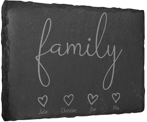 Gravierte Deko Schiefertafel ''family'' personalisiert mit Vornamen - 20x15 cm - Laser Gravur auf Natur-Schiefer - auswählbare Befestigungsoptionen - Schieferplatte Haustür Türschild Familienschild