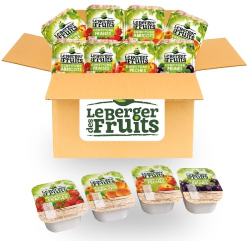LE BERGER DES FRUITS - 24 Préparations de Fruits individuelles - 20 g | Assortiment prune, pêche, abricot et fraise - Idéal petit déjeuner, brunch, goûter - Hôtel, gîte, chambre d'hôtes, Airbnb