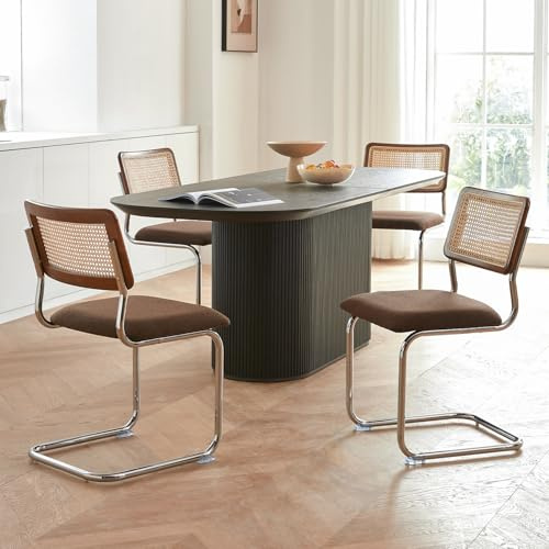 GrandNoor Brown Rattan Dining Chairs Set of 4, Wooden Mid Century Modern Dining Room Chairs, Mesh Back Cane Kitchen Chair, Cesca Design Chairs with Metal Chrome Legs