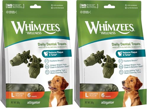 WHIMZEES By Wellness Krokodil, natürliche, getreidefreie Zahnpflegesnacks, Kaustangen für große Hunde, 6 Stück, Größe L (Packung mit 2)