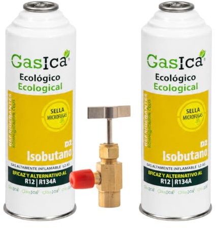 All4sale - 2 Botellas de Refrigerante Orgánico Ecológico, Sustituto R134A y R12 (226g c/u). Kit de Carga para Aire Acondicionado Automotriz (A/C Coche) | Válvula de Servicio Incluida