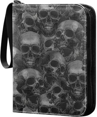 Totenköpfe Schwarz Sammelkartenalbum 4 Taschen Kartenordner 50 Seiten 400 Karten PU Reißverschluss Kartenbinder Aufbewahrungshalter für Sportspielkarte