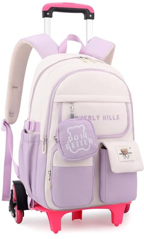 IvyH Schulrucksäcke Trolley für Kinder, Rucksack Teenager Schulranzen Mädchen mit 6 Räder Trolley Schultaschen für Grund- und Mittelschule (Lila)