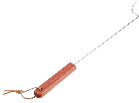 Grillwender aus Edelstahl mit Haken, 1 Stück, Braun | Holzgriff, zum Wenden und Greifen von Fleisch, Kompakt für Barbecue und Küche