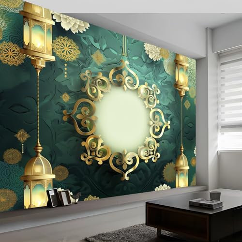 Fototapete Arabeskenmuster Laterne Tapeten Moderne Wanddeko, Grün Vlies Tapeten Wandtapete Fototapete für Wohnzimmer Schlafzimmer Büro oder Flur, 500 x 280 cm (B x H)