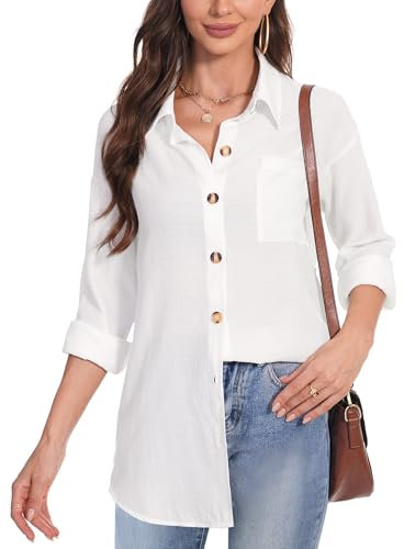 Totatuit Women Blouse and Shirts Long Sleeve Shirt Tops Button Down Shirts Lapel Neck Oversized Tees Office Work White L